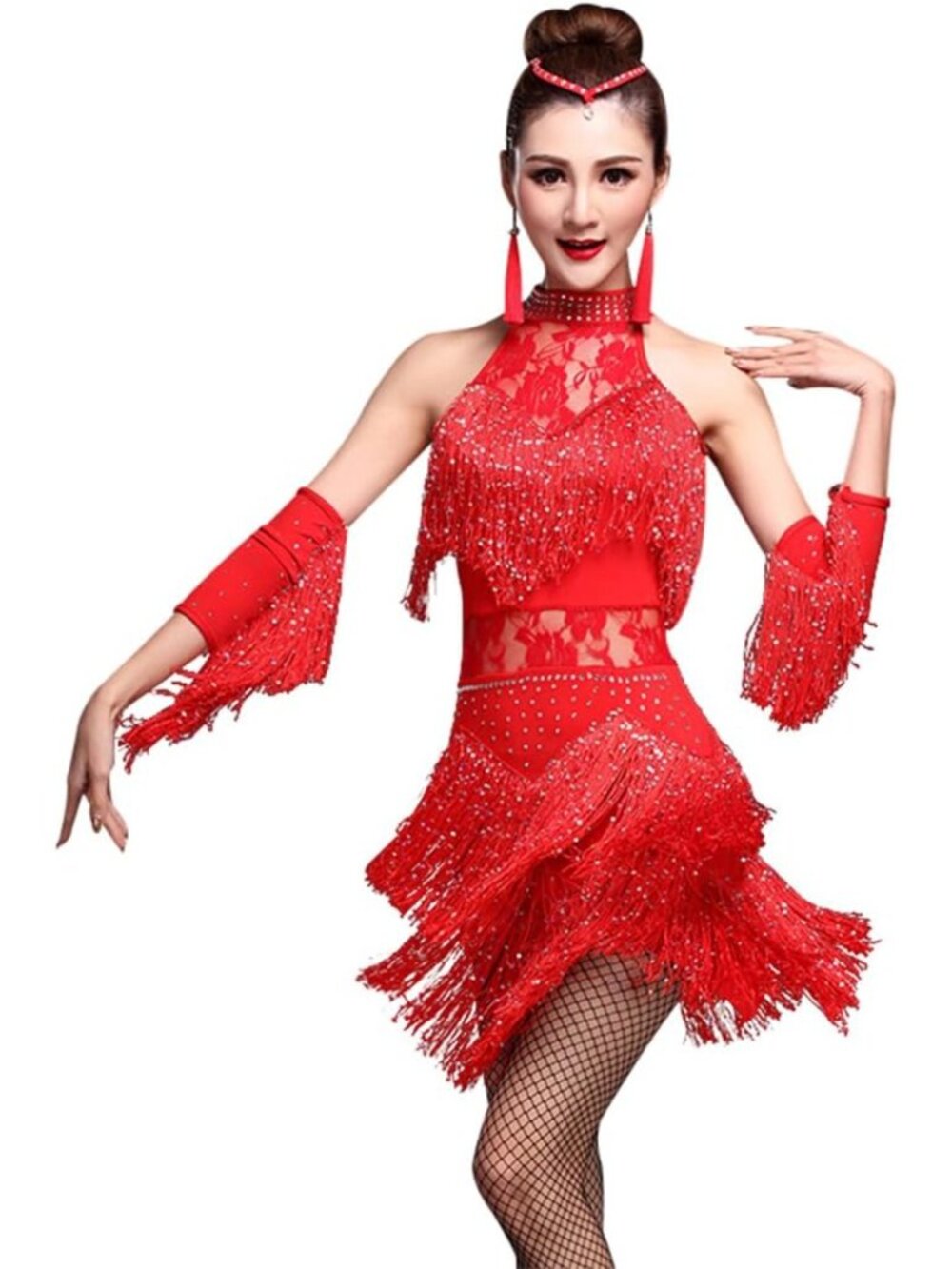 Red Fringe Latin Ballroom Dance Dress Rhinestone 4pc Competition Set Sz M-L